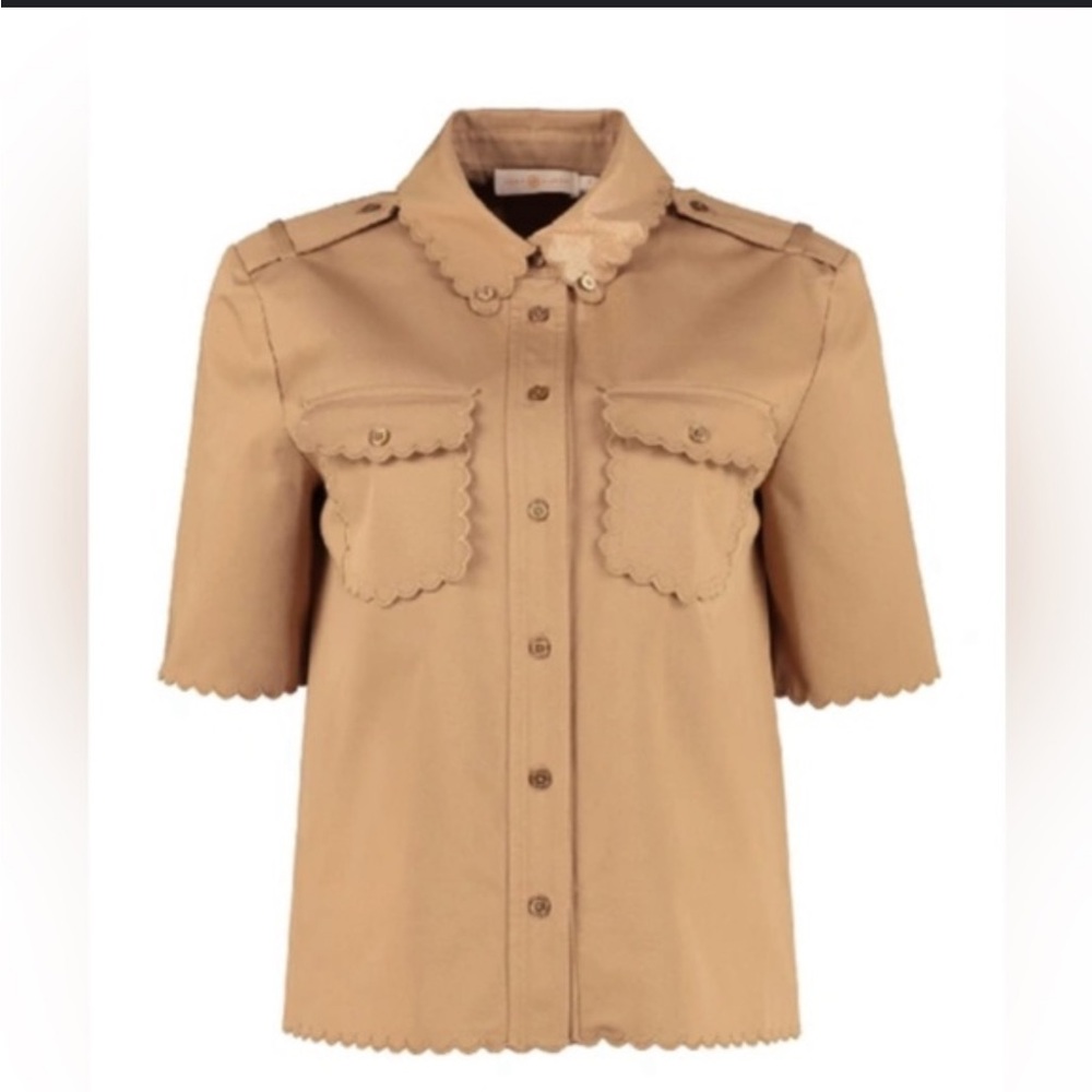 Tory Burch Scallop-Edge Military Shirt – Khaki Short Sleeve Size 8 Cotton Twill